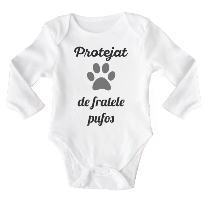 Body bebe, Protejat de fratele pufos, 6 -12 luni, maneca lunga, bonisa creativ, alb, 100% bumbac