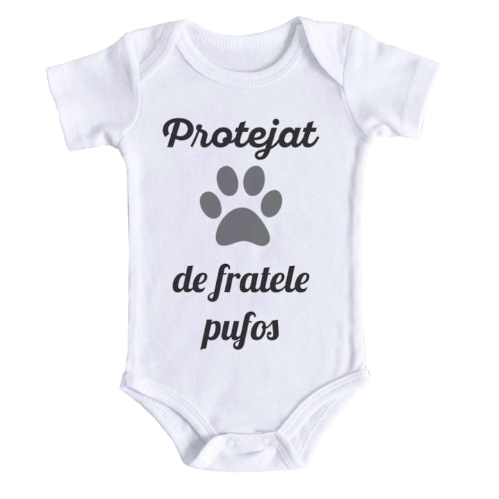 Body bebe, Protejat de fratele pufos, 6 - 12 luni, maneca scurta, bonisa creativ, alb, 100% bumbac