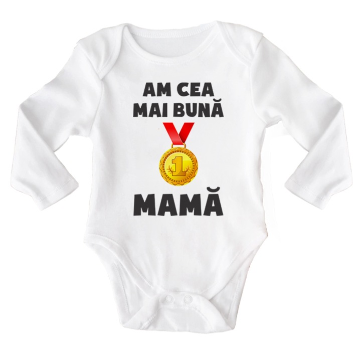 Body bebe, Am cea mai buna mama, 0 -3 luni, maneca lunga, bonisa creativ, alb, 100% bumbac