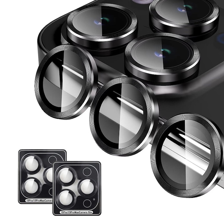 Folie Protectie Lentile Camera compatibila, JESWO®, cu iPhone 15 Pro / iPhone 15 Pro Max, Set 6, Full Cover, Sticla, Ultra HD, rezistenta la impact, protectie la apa si praf, Negru