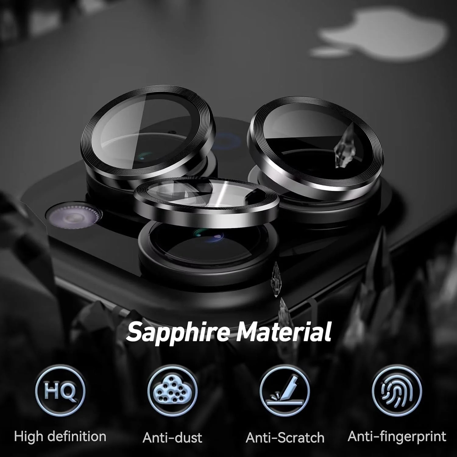 Folie Protectie Lentile Camera compatibila, JESWO®, cu iPhone 15 Pro / iPhone 15 Pro Max, Set 6, Full Cover, Sticla, Ultra HD, rezistenta la impact, protectie la apa si praf, Negru