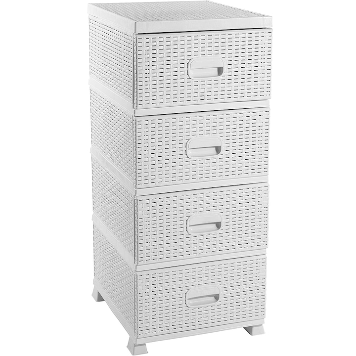 Dulap din plastic pentru depozitare Chomik®, cu sertare, pentru hol, baie si bucatarie, Ratan, Alb, 38x45x90cm