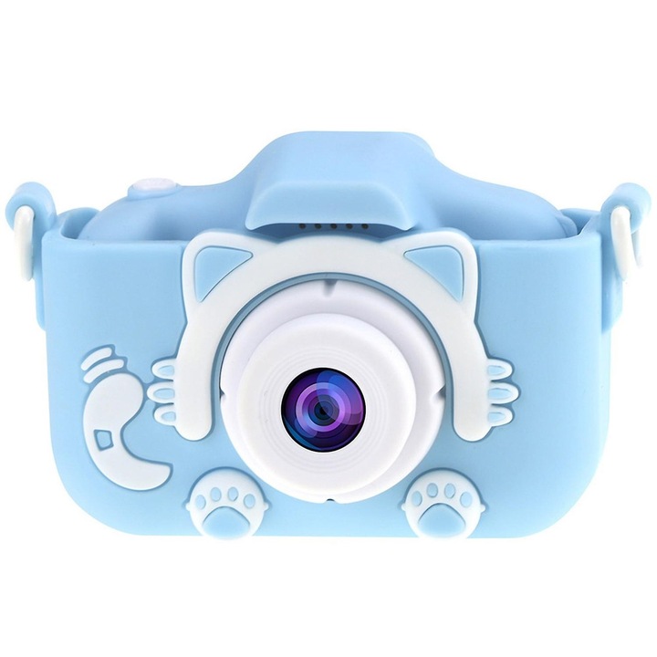 Aparat Foto Copii, Vala®, model Pisica, 40 Mpx, Camera Fata-Verso, Functie Selfie, 2 lentile, Full HD 1080P, Ecran 2 inch, Functie Foto/Video, Jocuri, Cadre, Filtre, Albastru