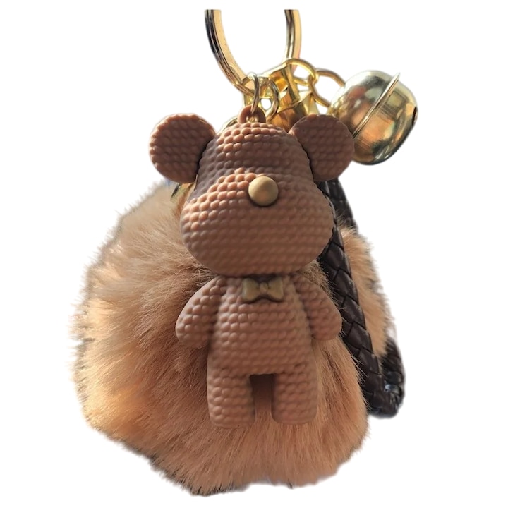 Kulcstartó, Teddy Bear Pom Pom-mal és medállal, kulcsokhoz és táskákhoz, barna, 15 cm