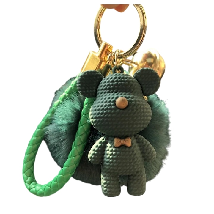 Kulcstartó, Teddy Bear Pom Pom-mal és medállal, kulcsokhoz és táskákhoz, zöld, 15 cm