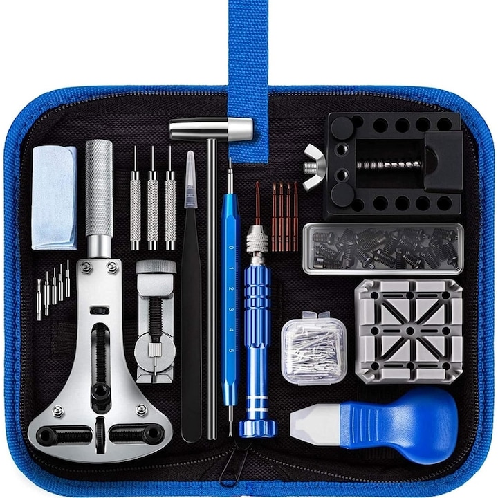 Set instrumente repararea ceasurilor, MOSMAOO®, Plastic/Inox, Albastru/Argintiu