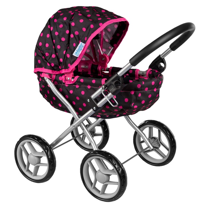 Carucior Pentru Papusi, Kinderplay, KP0260G, Pat Adanc, Cos De Transport, 33x56x48cm, Funda, Roz/Negru