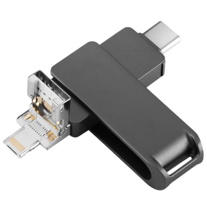 Stick de memorie ALPHIMO, Flash Drive 4 in 1, pentru telefon, tableta, laptop, IOS, ANDROID, WINDOWS, 128GB, USB 2.0, Negru, Design modern si ergonom