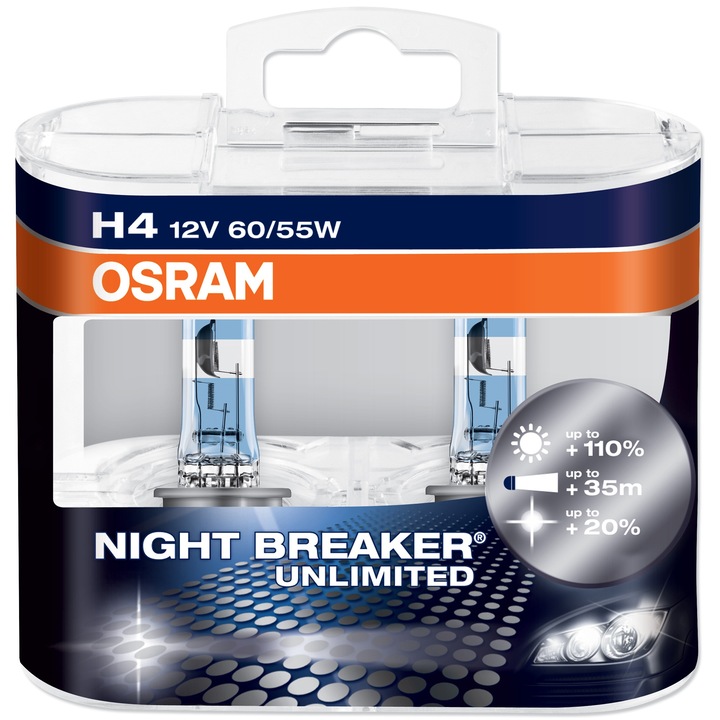 Set 2 Becuri auto cu halogen pentru far Osram H4 Night Breaker Unlimited, up to 110%, 12V, 55W