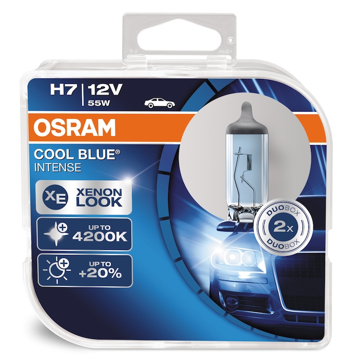 Set 2 Becuri auto cu halogen pentru far Osram H7 Cool Blue Intense, up to 20%, 12V, 55W