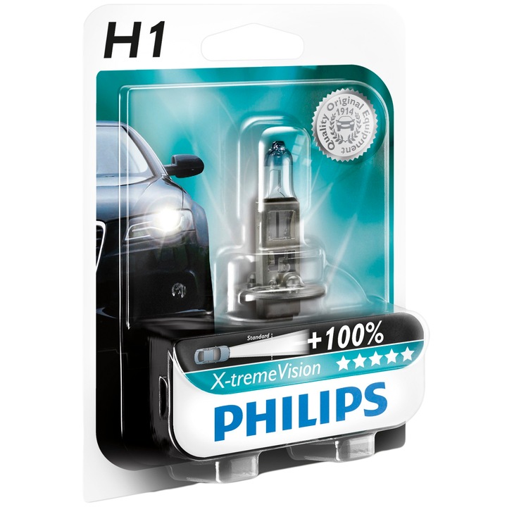 Bec auto cu halogen pentru far Philips H1 Xtreme Vision, +100%, 12V, 55W, 1 Buc