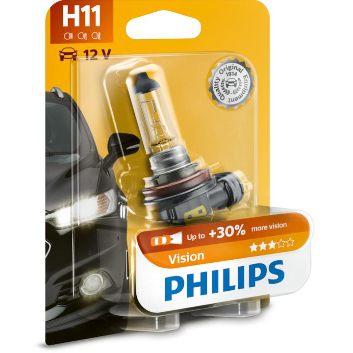 Bec auto cu halogen pentru proiector Philips H11 Vision, +30%, 12V, 55W, 1 Buc