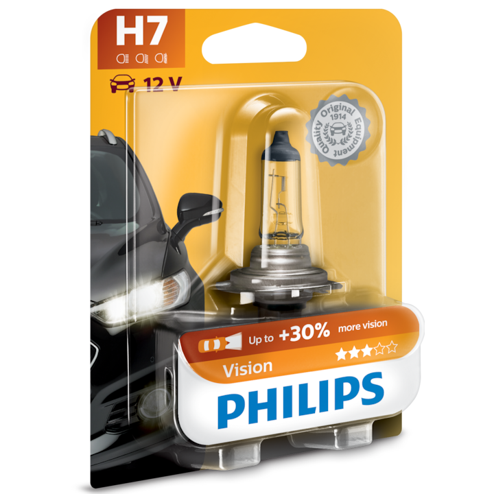 Bec auto cu halogen pentru far Philips H7 Vision, +30%, 12V, 55W, 1 Buc