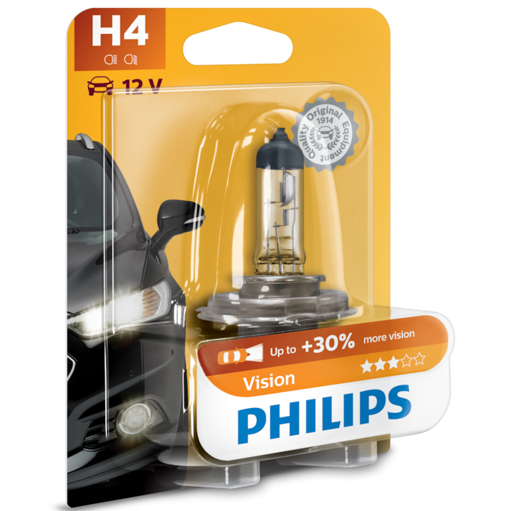 Халогенна крушка за фар Philips H4 Vision, +30%, 12V, 55W, 1 брой