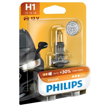 Bec auto cu halogen pentru far Philips H1 Vision, +30%, 12v, 55w, 1 Buc Bec auto cu halogen pentru far Philips H1 Vision, +30%, 12v, 55w, 1 Buc