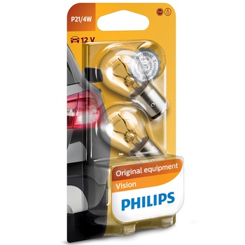 Set 2 Becuri auto auxiliare cu halogen Philips P21, 12V, 4W Set 2 Becuri auto auxiliare cu halogen Philips P21, 12V, 4W