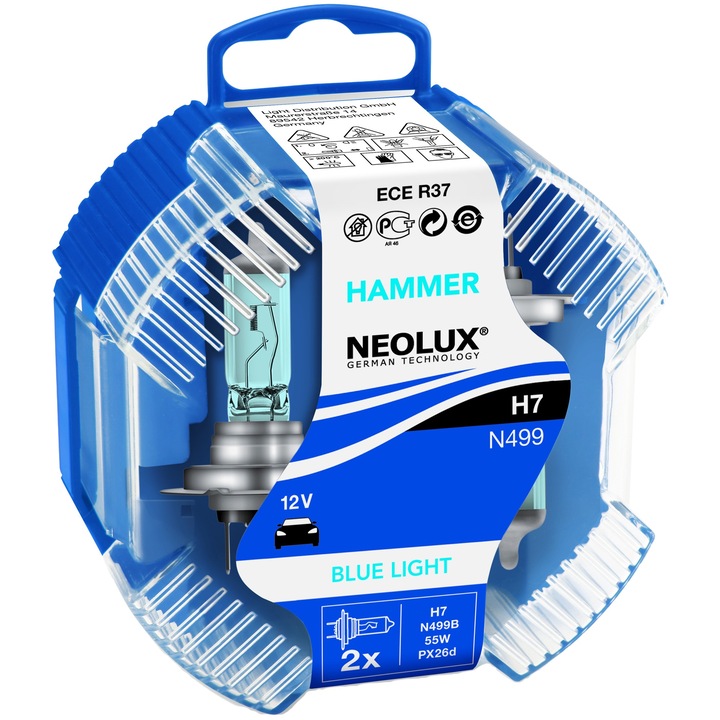 Set 2 Becuri auto cu halogen pentru far Neolux H7 Blue Light, 12V, 55W
