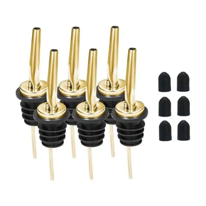 Set 6 dopuri cu picurator pentru sticla, FAVEEZA®, otel inoxidabil, tehnologia free flow, marime universala, cu capac, auriu