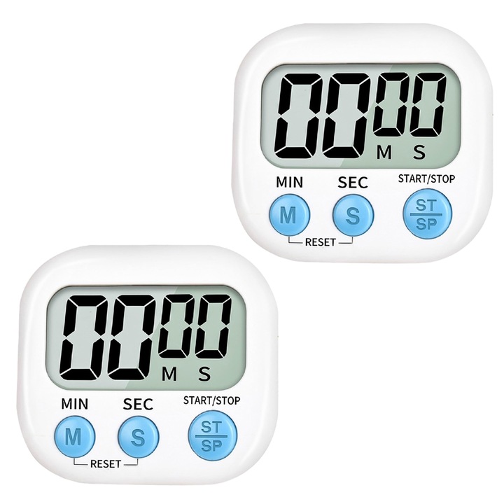 Дигитален кухненски таймер, Axroad Mall, Регулиране на минути и секунди, LCD дисплей, Магнитен гръб, Захранване от AAA батерия, Голям екран, Със стойка, За готвене, печене, спорт, ABS, 67mmx70mm, Бял
