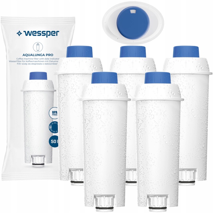 Set 5 filtre de apa pentru aparatul de cafea Delonghi Dinamica Ecam, Wessper, Alb/Albastru