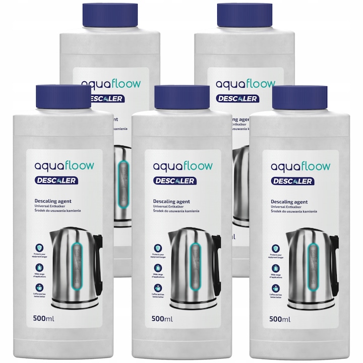 Set 5 bucati solutie de decalcifiere Aquafloow, universala, 500ml, pentru aparate de cafea si electrocasnice