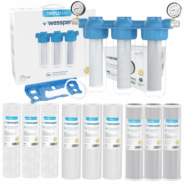 Sistem filtrare apa Wessper Triplemax, 3 etape, set filtre inclus, manometru, 3/4", 2L