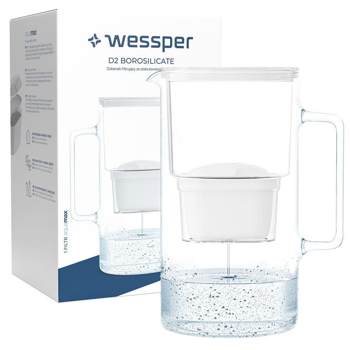 Cana filtranta 3L, sticla, Wessper D2 Borosilicate Alb, BPA free + 1 x Filtru apa Aquamax 200l