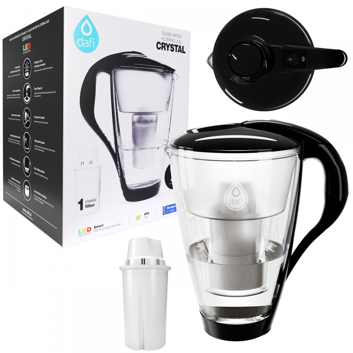 Cana filtranta si un cartus, Dafi, Sticla/Plastic, 2l, Negru/Transparent