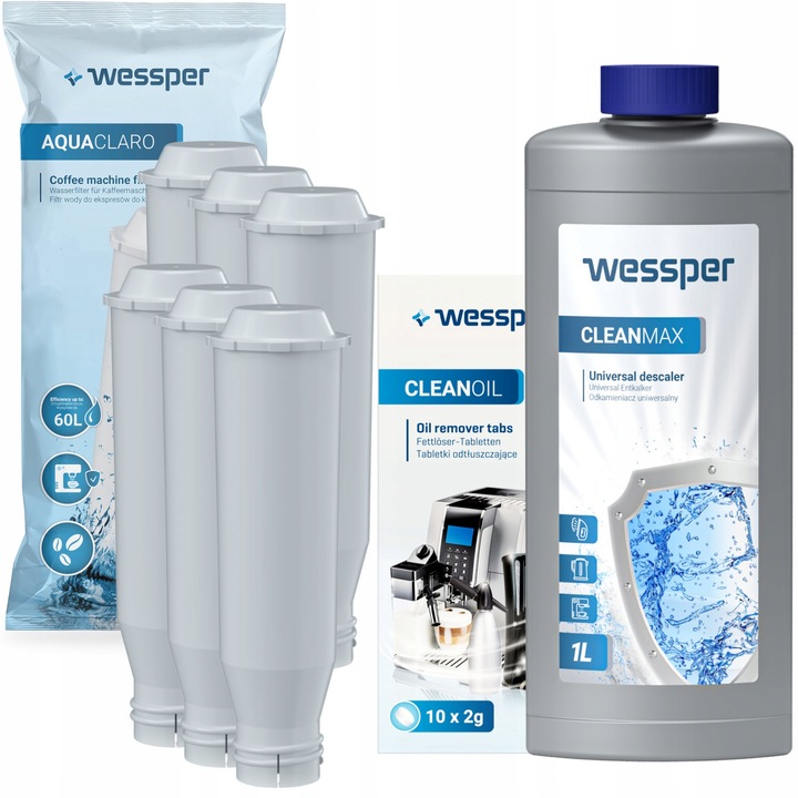 Set 6 filtre si solutie de decalcifiere pentru aparatul de cafea, Wessper, Gri, Pentru Nivona/Krups