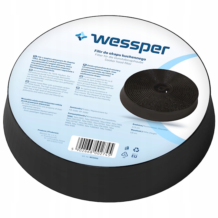 Filtru de carbon pentru hota Teka, Wessper, Carbune activ, 6 luni, Negru