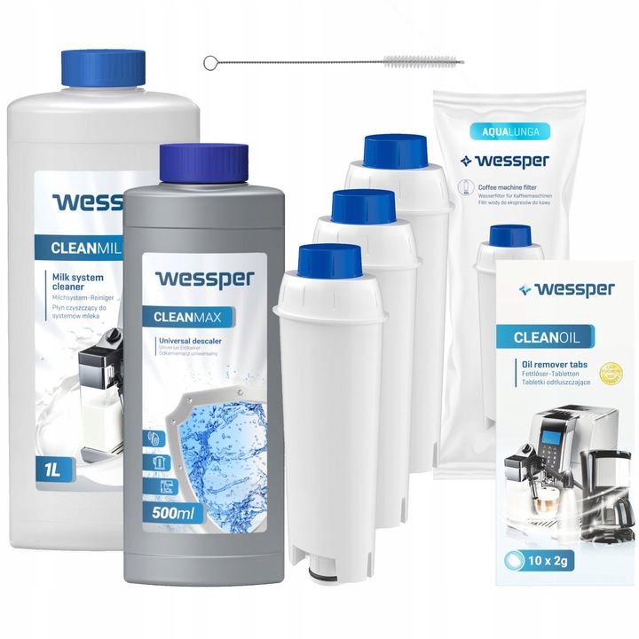 Комплект за поддръжка на Wessper за DeLonghi, 3 филтъра AquaLunga, 1L препарат за отстраняване на котлен камък, 1L разтвор за почистване на мляко, 10 таблетки, четка