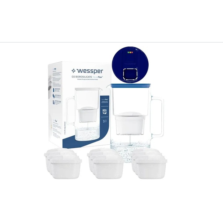 Kit cana filtranta, Wessper, Aquamax, 3l, Cu filtru contor LED+10 filtre apa, Alb
