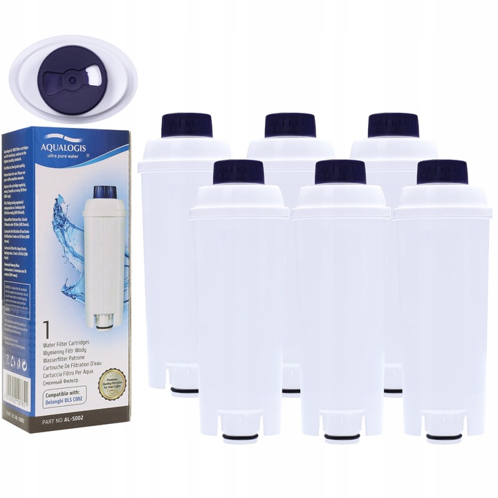 Set 6 filtre de apa pentru aparatul de cafea Delonghi, Aqualogis, Alb