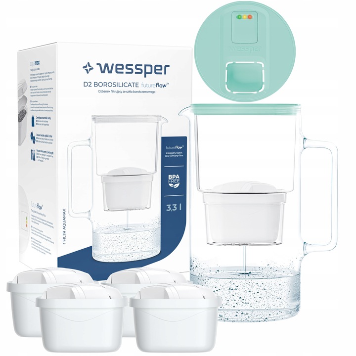 Set cana filtranta, Wessper, Cu 5 filtre, LED, 3.3L, Alb/Verde