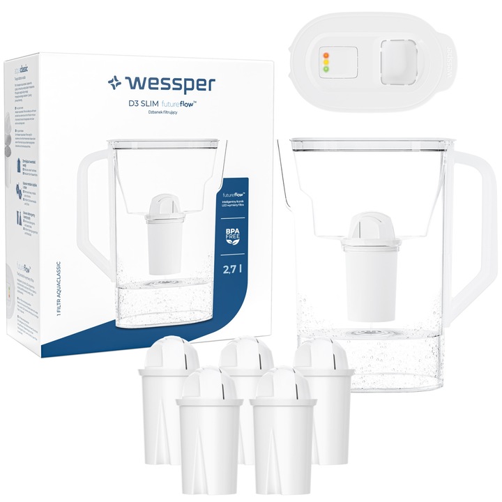 Cana filtranta, Wessper, 2.7 L, 6 filtre, Alb/Transparent