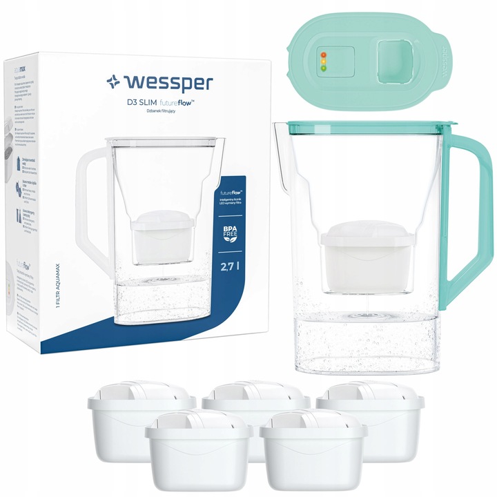 Cana filtranta, Wessper, 2.7 L, 6 filtre, Verde/Transparent