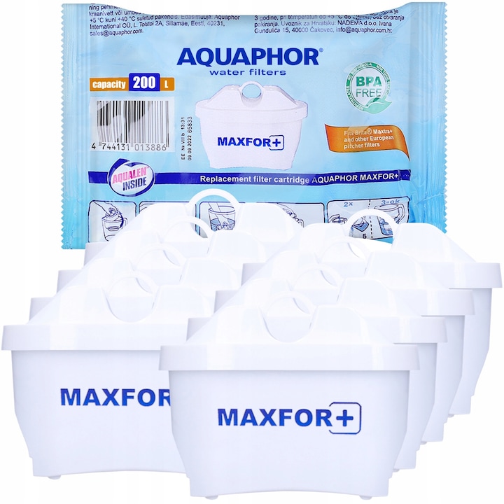 Комплект 8 филтри за кана за вода, Аквафор, Максфор+, 200 л, Бяла