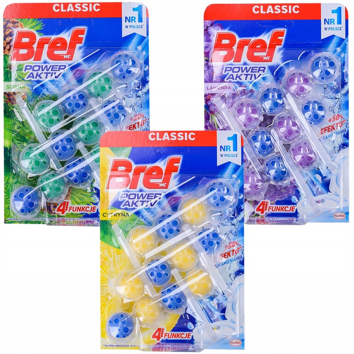 9 db WC légfrissítő készlet, Bref, 9x50 g, Citrom/fenyő/levendula illat, Többszínű