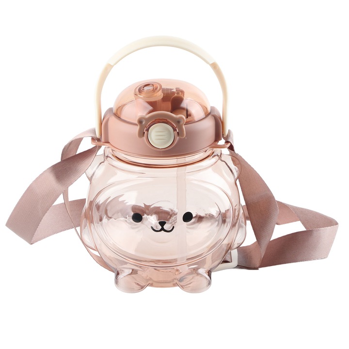 QttvbTna голяма бутилка за вода, 1000 мл, със сламка и каишка, прозрачна/кафява