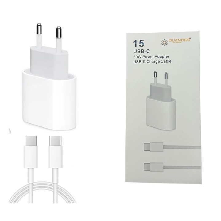 Set Incarcator USB-C 20W Fast Charger si Cablu USB-C to C 2m, Compatibil cu iPhone 15,15 pro, 15 promax