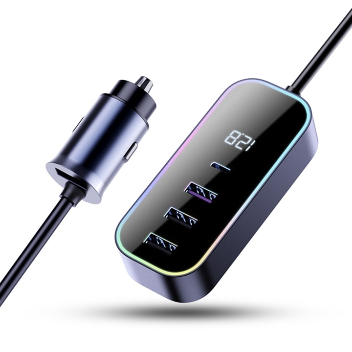 Зарядно за кола 105W Fast Charge, 5 в 1, USB, Type-C, RGB светлини Съвместимо с iPhone, Samsung, Huawei, Redmi