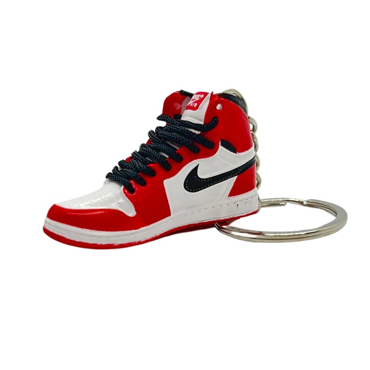Breloc pentru chei model Jordan 1 High Chicago Edition, PVC + Cauciuc, Handmade, 5cm x 2cm x 2cm, Alb + Rosu + Negru