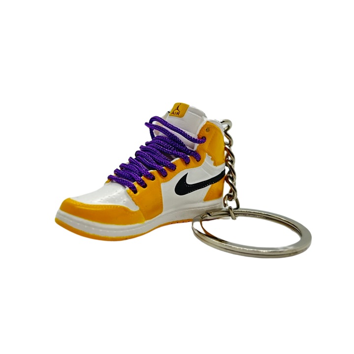 Ключодържател Jordan 1 High Los Angeles Lakers Edition, PVC + гума, ръчна изработка, 5cm x 2cm x 2cm, жълто + розово + бяло