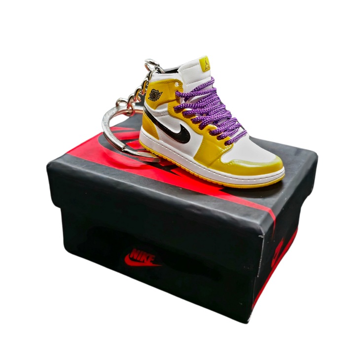 Breloc pentru chei model 2025 Jordan 1 High Los Angeles Lakers Edition, PVC + Cauciuc, Handmade, 5cm x 2cm x 2cm, Galben + Roz + Alb