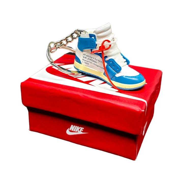 Breloc pentru chei model Air Jordan 1 x OFF-WHITE High UNC Edition, PVC + Cauciuc, Handmade, 5cm x 2cm x 2cm, Alb + Albastru
