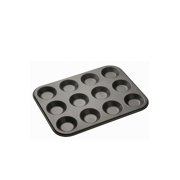 Tava de copt pentru mini-prajituri BackON Doty®, din otel carbon, 12 spatii, 35x26x3 cm, gri