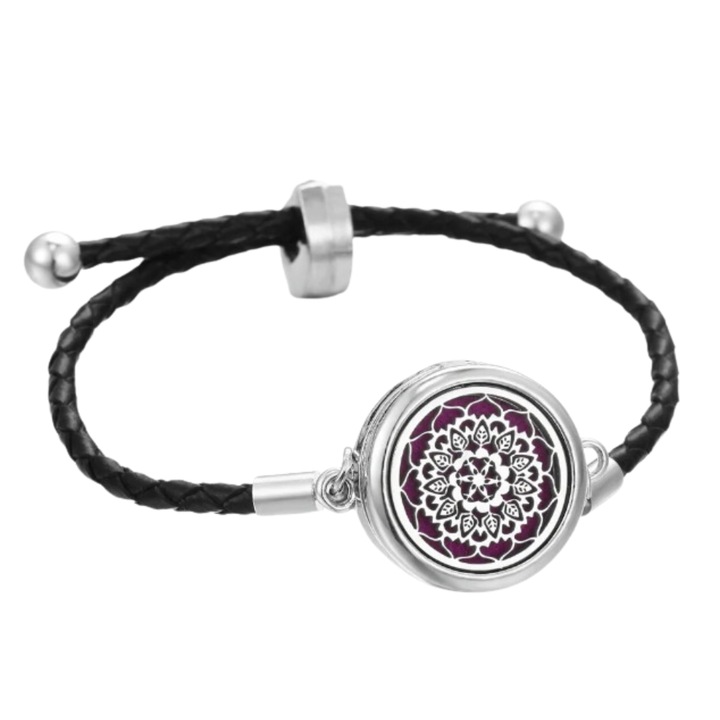 Bratara aromaterapie Mandala 1, albastru-indigo, pandantiv 28x22 mm, cristal 18x15 mm, reglabila, purtare confortabila, echilibru emotional