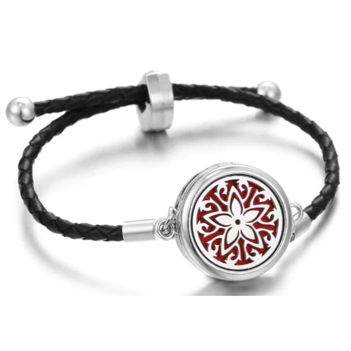 Bratara aromaterapie Mandala 2, violet-auriu, pandantiv 30x25 mm, cristal 20x16 mm, design spiritual, purtare zilnica, armonizare