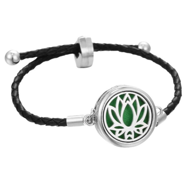 Bratara aromaterapie Floare de Lotus, roz-argintiu, pandantiv 26x21 mm, cristal 16x13 mm, purificare, calmare, design elegant