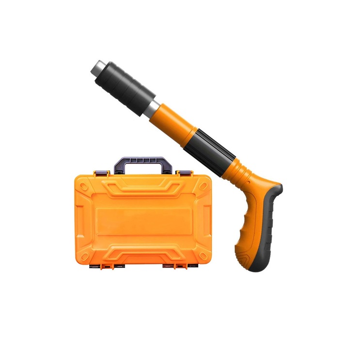 Mini Pistol manual pentru fixarea cuielor pe perete Nail Gunner 100 cuie incluse Doty®, 30 cm, calibru 7.3 cm, pneumatic, accesorii si cutie transport incluse, portocaliu
